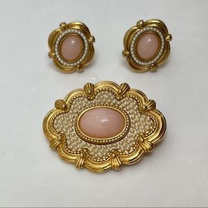 Vintage Matching Set of Baby Pink & Gold Cabochon Brooch and Clip Earrings